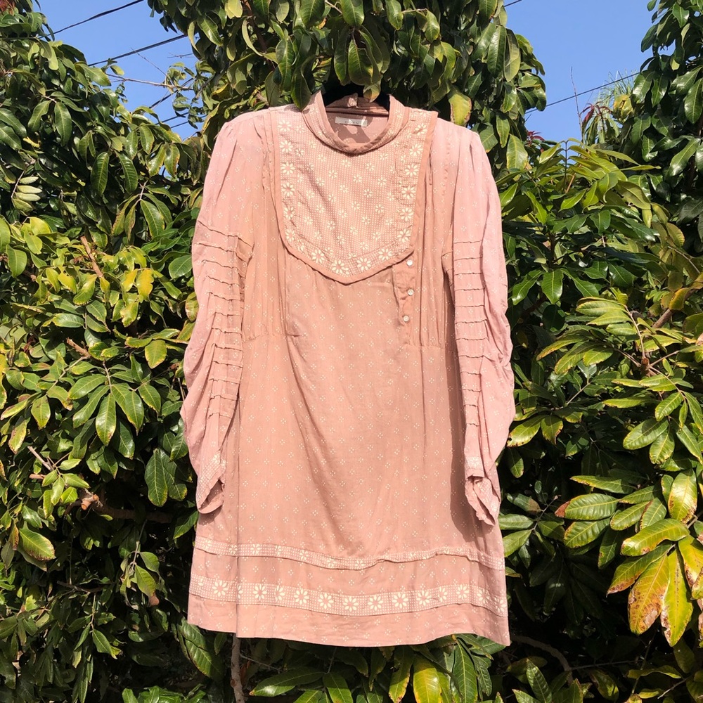 Doen pink cotton floral print pleated bib detail mini dress